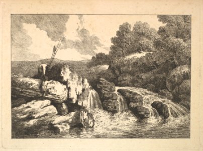 Landscape with Two Fishermen Climbing Rocks Next to a Waterfall MET DP823324
