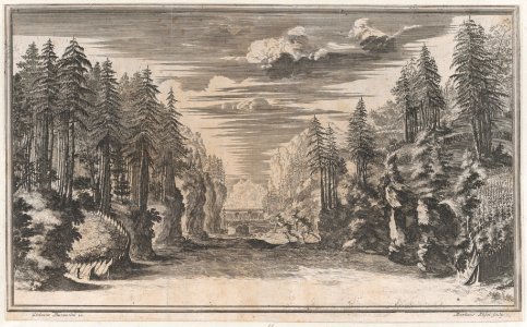 Landscape with two figures running along the bank of the river Xanto; set design from 'Il Pomo D'Oro' MET DP874692