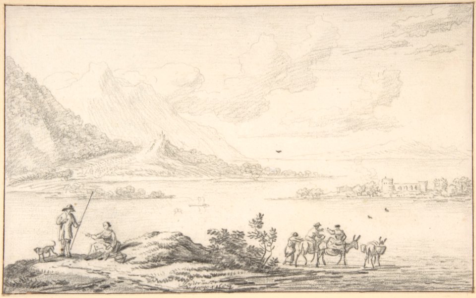 Landscape with mountains and a lake, figures in the foreground MET DP800484