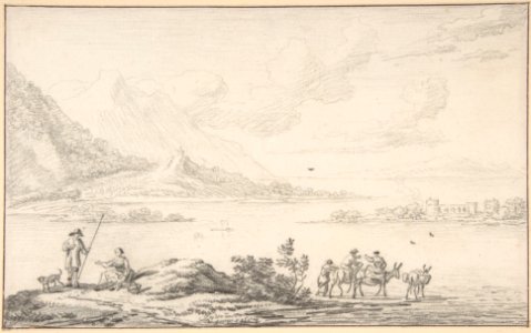 Landscape with mountains and a lake, figures in the foreground MET DP800484