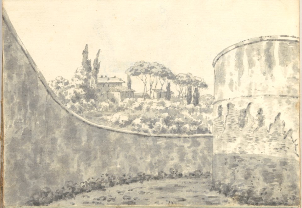 Landscape with a Curved Wall, Round Tower and Distant Villa (Smaller Italian Sketchbook, leaf 8 recto) MET DP269416