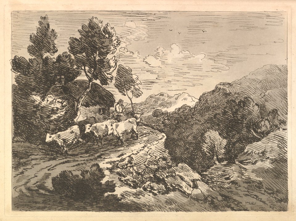 Landscape with a Figure Herding Cattle Along a Road Beside a Cottage, a Hillside at Left, a Forest in the Valley Below at Right MET DP823307