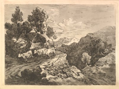 Landscape with a Figure Herding Cattle Along a Road Beside a Cottage, a Hillside at Left, a Forest in the Valley Below at Right MET DP823307