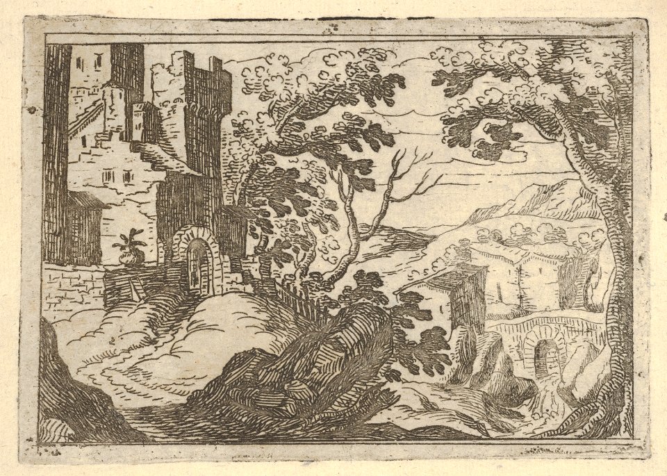 Landscape with buildings to the left and a bridge at right below MET DP832187