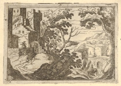 Landscape with buildings to the left and a bridge at right below MET DP832187