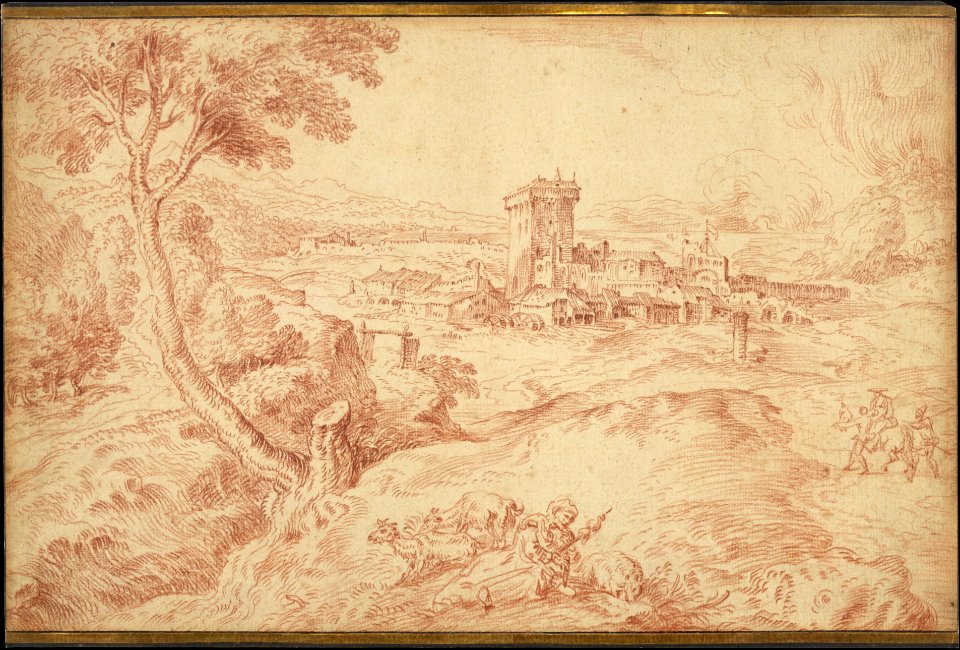 Landscape with an Old Woman Holding a Spindle, after Domenico Campagnola MET DT5553