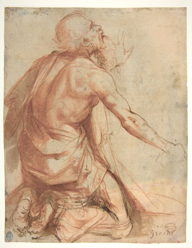 Kneeling Bearded Old Man (recto); Section of a Draped Limb and Sketches (verso) MET DP810921