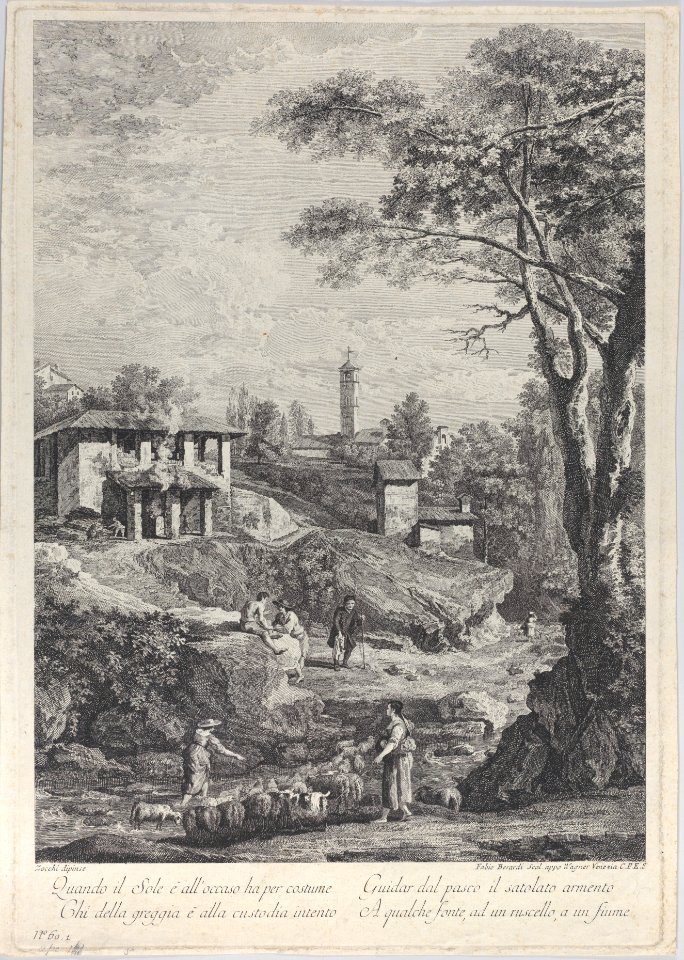 Landscape with shepherds, houses and a tower in the distance Met DP885399