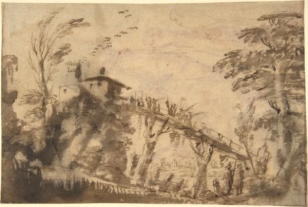 Landscape with Figures Crossing a Bridge (recto); Study of a Nude Male, Study of Legs, Study of Head in Profile to the Right (verso) MET DP802852