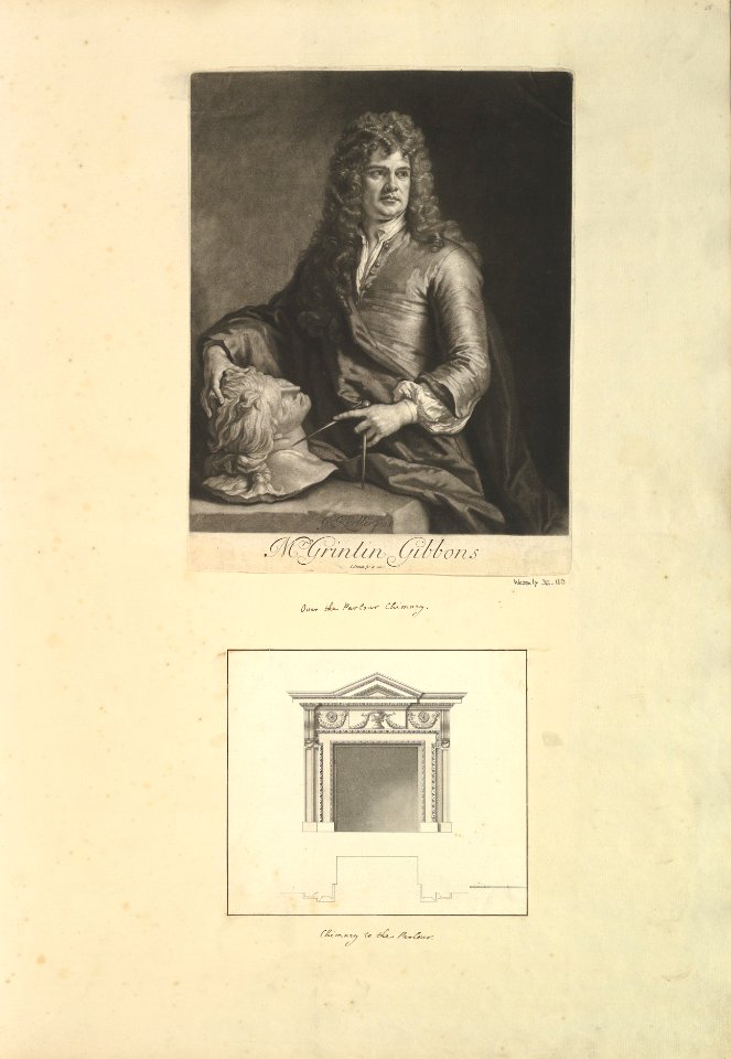 Leaf from Aedes Walpolianae mounted with a print and a drawing (a)- Portrait of Grinling Gibbons; (b) Chimney to the Parlour, Houghton Hall, Norfolk MET DP829081