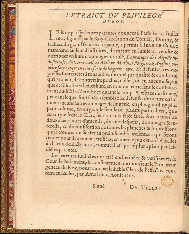 La Pratique de l'Aiguille, page 4 (verso) MET DP358157