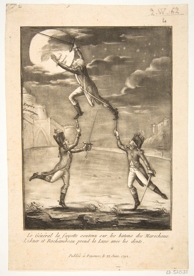 Le Général la fayette soutenu sur les batons des marechaux Lukner et Rochambeau prend la Lune avec les dents MET DP818671