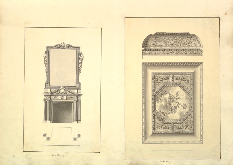 Leaf from Aedes Walpolianae mounted with two drawings- (a)- Salon Chimney, Houghton Hall, Norfolk, Elevation; (b)- Salon Ceiling, Houghton Hall, Norfolk MET DP829085