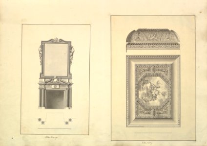 Leaf from Aedes Walpolianae mounted with two drawings- (a)- Salon Chimney, Houghton Hall, Norfolk, Elevation; (b)- Salon Ceiling, Houghton Hall, Norfolk MET DP829085