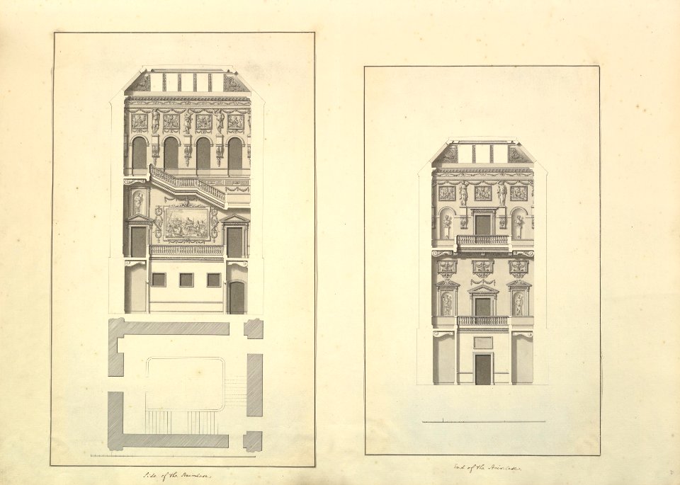 Leaf from Aedes Walpolianae mounted with two drawings (a)- Side of the Staircase, Houghton Hall, Norfolk, Elevation; (b)- End of Staircase, Houghton Hall, Norfolk MET DP829080