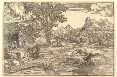 Landscape with Saint Jerome at left looking towards lion and bear (?) fighting at center; figure walking uphill at upper left; two figures with mule in the background MET DP818842
