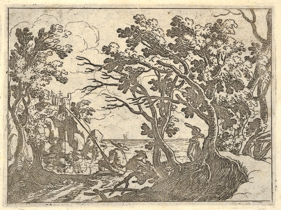 Landscape with onshore fisherman and male onlooker under trees, a man in a boat bows his head MET DP832188