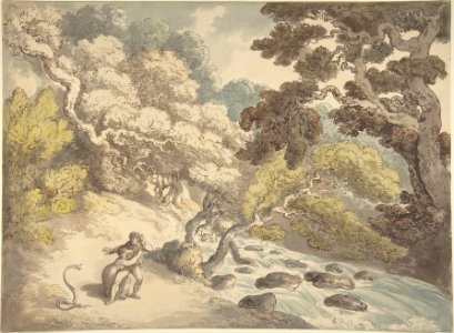 Landscape with rushing stream and a couple on the bank, frightened by a snake MET DP805924