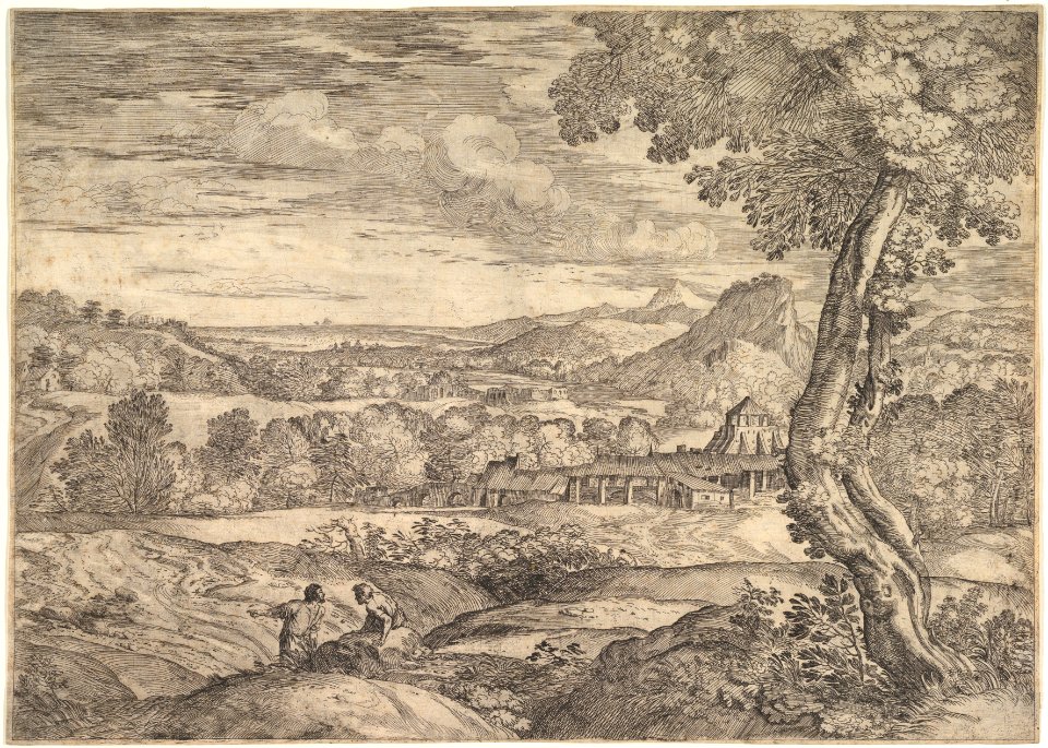 Landscape with a brick factory in the middle ground, a standing man in the foreground points to the left as he faces a man lying on a rock MET DP827767