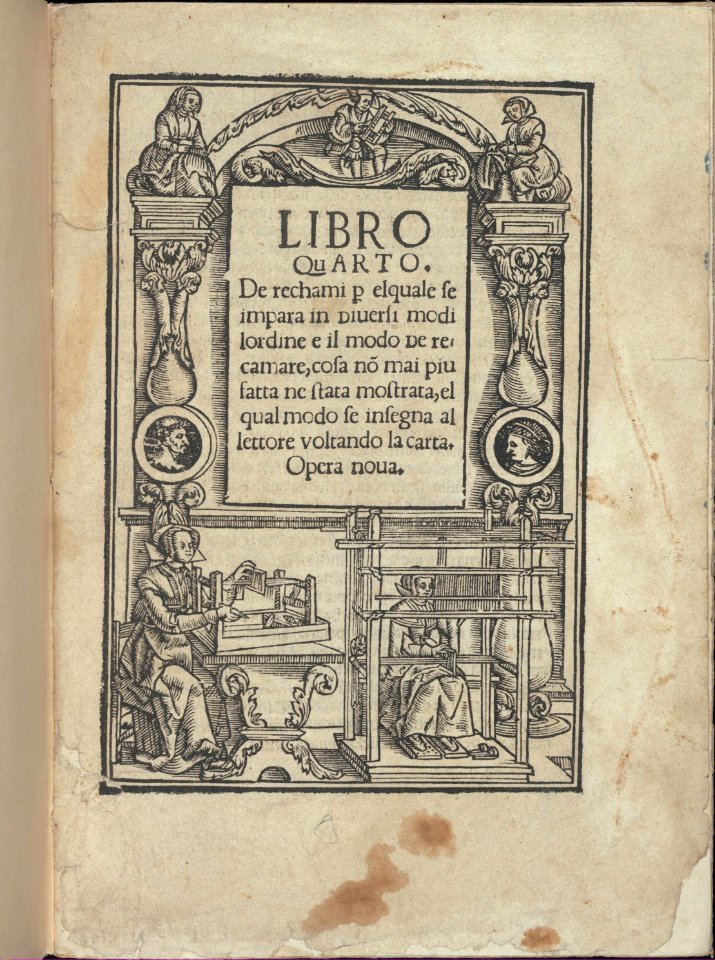 Libro quarto. De rechami per elquale se impara in diuersi modi lordine e il modo de recamare...Opera noua, title page (recto) MET DP350034
