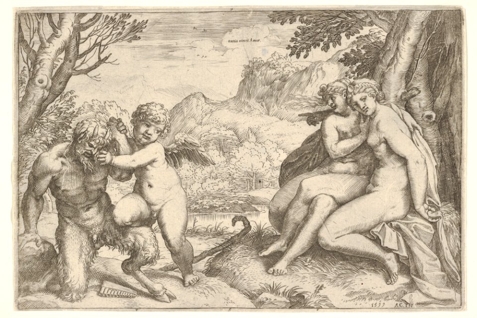 Love Conquers All (Omnia vincit Amor), in a struggle with a satyr Amor places his right knee on its thigh, two nude nymphs are seated with interlocking legs at the base of a tree MET DP832198