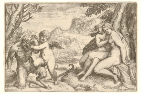 Love Conquers All (Omnia vincit Amor), in a struggle with a satyr Amor places his right knee on its thigh, two nude nymphs are seated with interlocking legs at the base of a tree MET DP832198