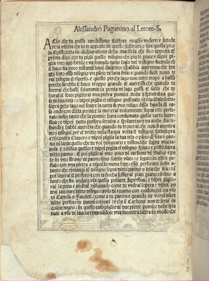 Libro quarto. De rechami per elquale se impara in diuersi modi lordine e il modo de recamare...Opera noua, title page (verso) MET DP353777
