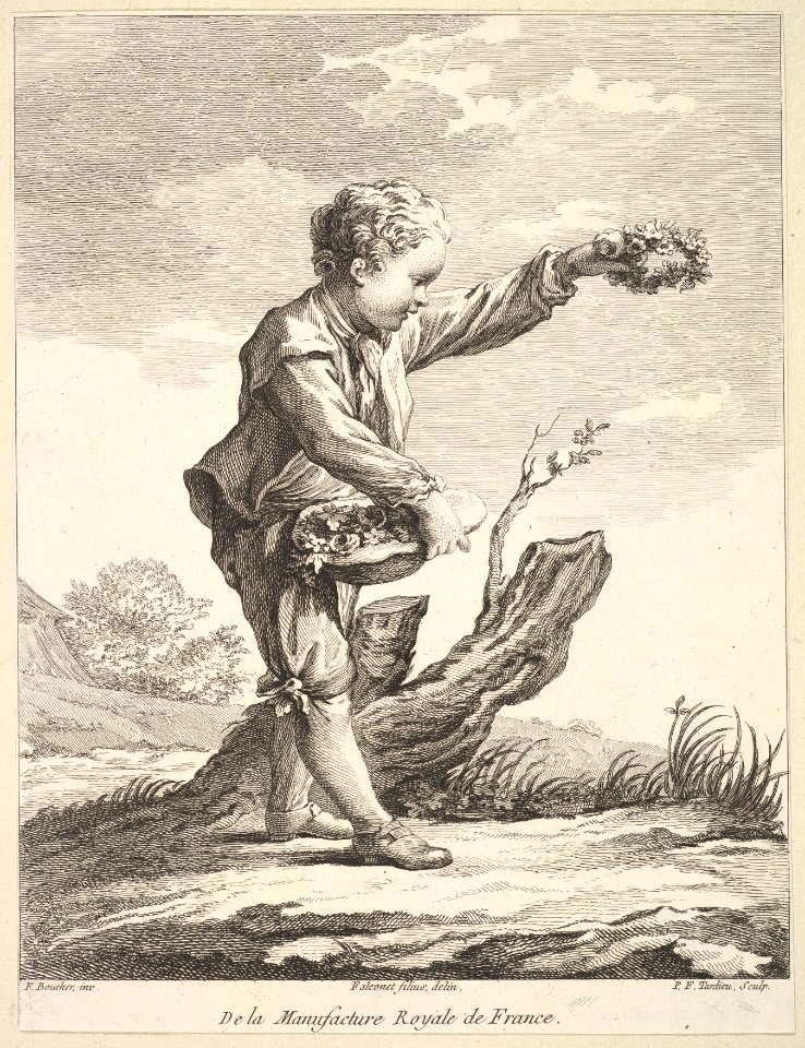 Little boy holding a wreath and basket of flowers, from Deuxième Livre de Figures d'après les porcelaines de la Manufacture Royale de France (Second Book of Figures after porcelains from the Manufacture Royale de France) MET DP826684