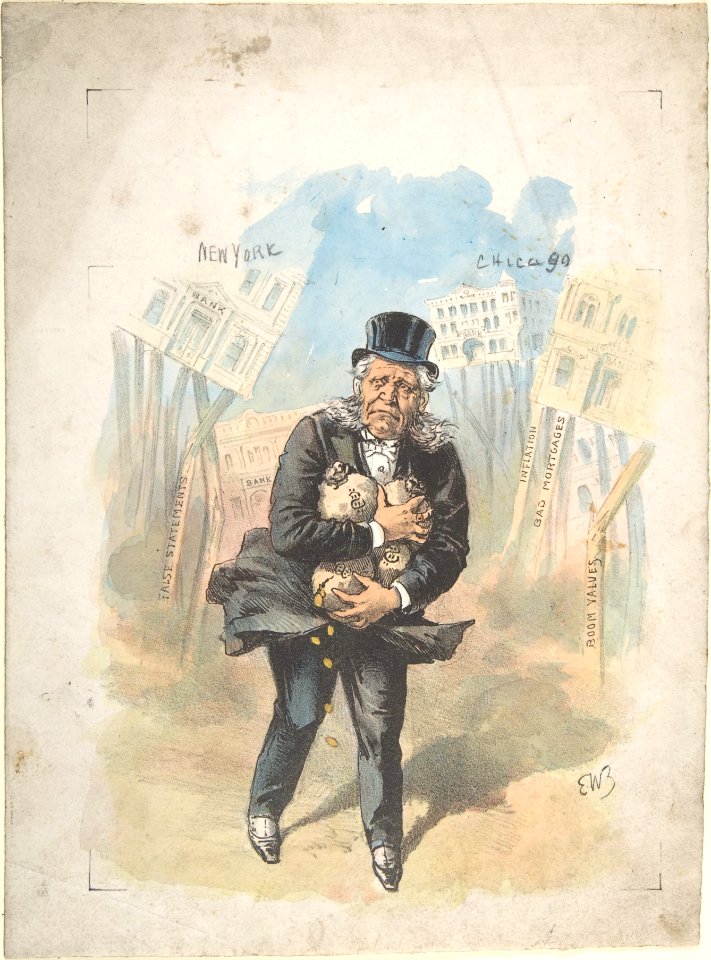 Man Clutching Moneybags While Banks Collapse MET DP808685