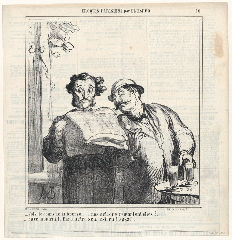 Look, the quotations from the stock exchange... are our shares going up?, from 'Parisian Sketches,' published in Le Charivari, July 21, 1865 MET DP877369