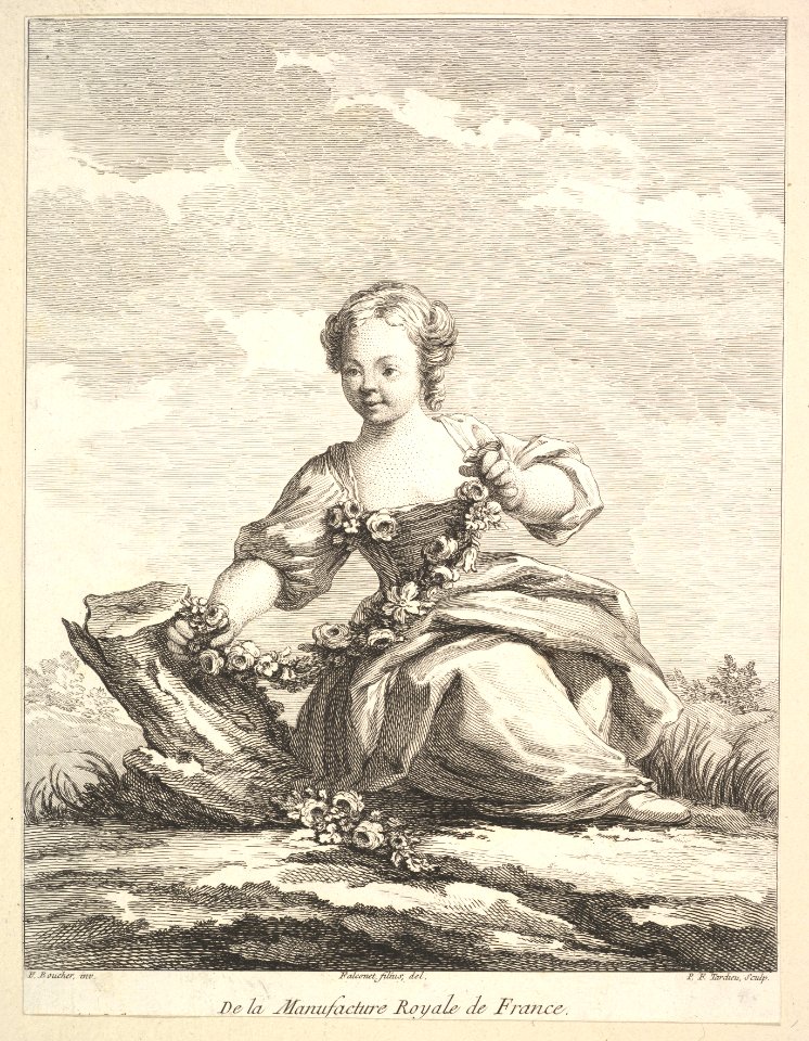 Little girl holding a garland of flowers, from Deuxième Livre de Figures d'après les porcelaines de la Manufacture Royale de France (Second Book of Figures after porcelains from the Manufacture Royale de France) MET DP826685