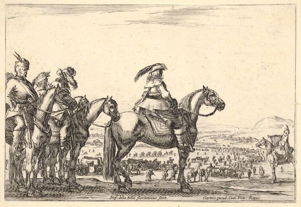 March of an army on a plain, the commander in chief in front, his aides behind him, a trumpeter on horseback at right, a plain with various figures and horses in the background, from 'Varie figure' MET DP833216