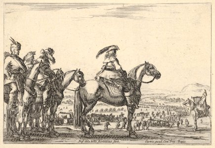 March of an army on a plain, the commander in chief in front, his aides behind him, a trumpeter on horseback at right, a plain with various figures and horses in the background, from 'Varie figure' MET DP833216