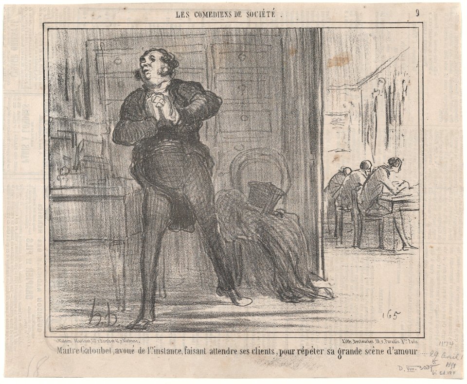 Maître Galoubet, avoué de 1re. instance, faisant attendre ses clients, pour répéter sa grande scène d'amour..., from Les Comédiens de Société, published in Le Charivari, April 29, 1858 MET DP876698