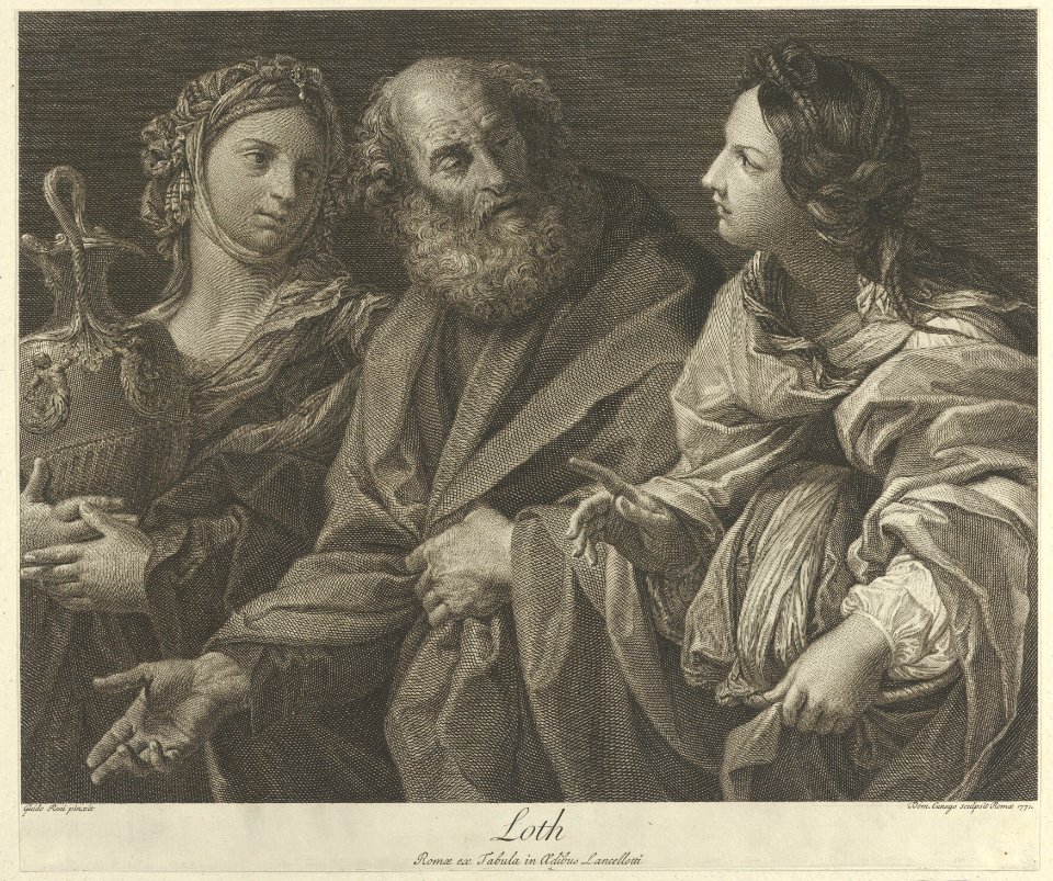 Lot flanked by his two daughters, one of them holding a decorated jug, after Reni MET DP841478