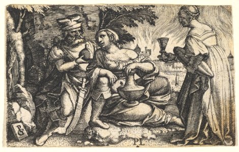 Lot and his daughters- a daughter at center rests her right arm on Lot's knee and a vessel on her thigh, at right a daughter holds a goblet in her outstreched right hand, from a series of ten Old Testament scenes MET DP828540