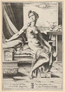Lucretia naked and seated before a window, a dagger in her right hand and holding drapery in her left MET DP832552