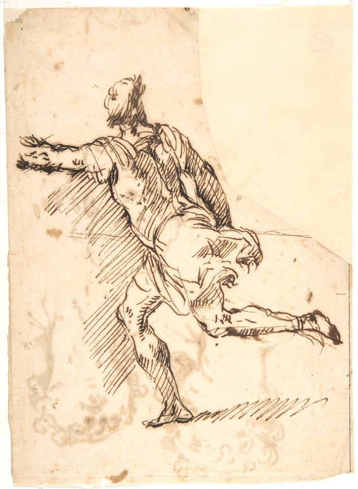 Male Figure Running (recto); Three Pen Studies of Male Heads (verso) MET DP809898