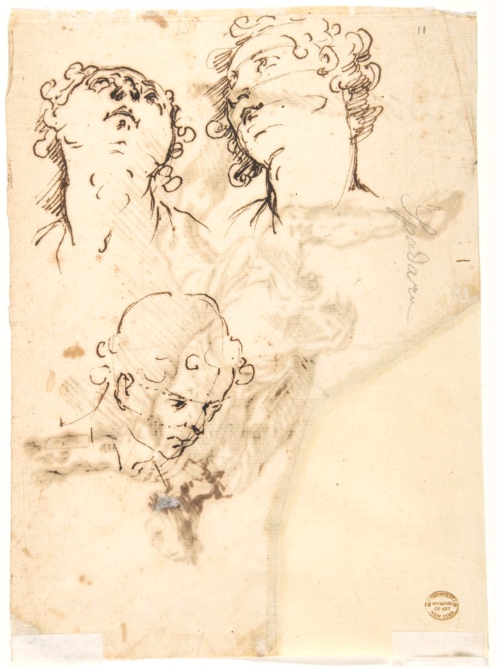 Male Figure Running (recto); Three Pen Studies of Male Heads (verso) MET DP809899