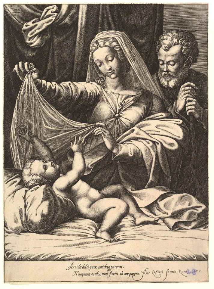 Madonna of Loreto, the Virgin lifts a veil above the Child, who lies on a bed and pillow, Joseph stands behind with both hands on his staff MET DP827738