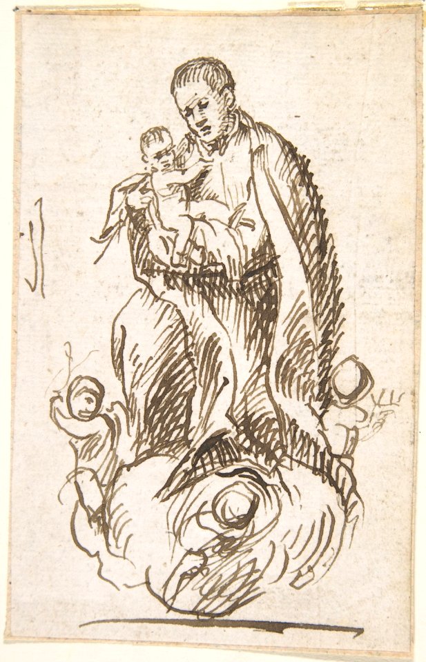 Male Saint Standing on Cloud, Supported by Putti, Holding Infant Christ MET DP800383