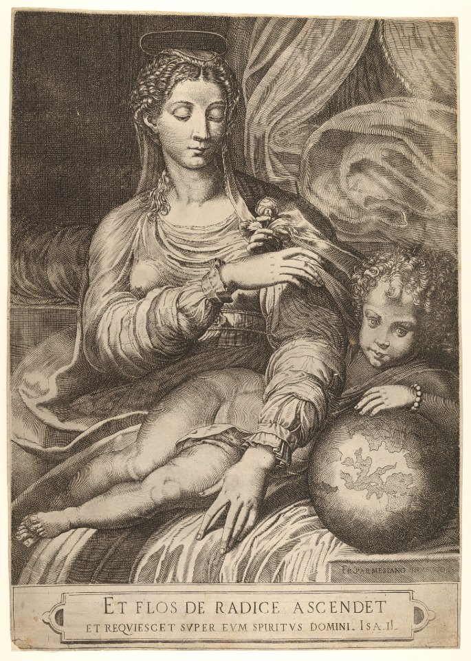 Madonna of the Rose, the Madonna reaches for a rose upheld by the child, who reclines on a drapery and rests his left arm on a globe MET DP831924