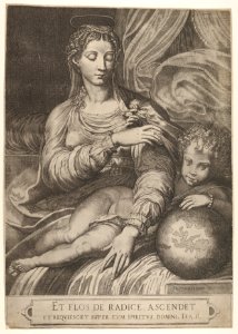 Madonna of the Rose, the Madonna reaches for a rose upheld by the child, who reclines on a drapery and rests his left arm on a globe MET DP831924