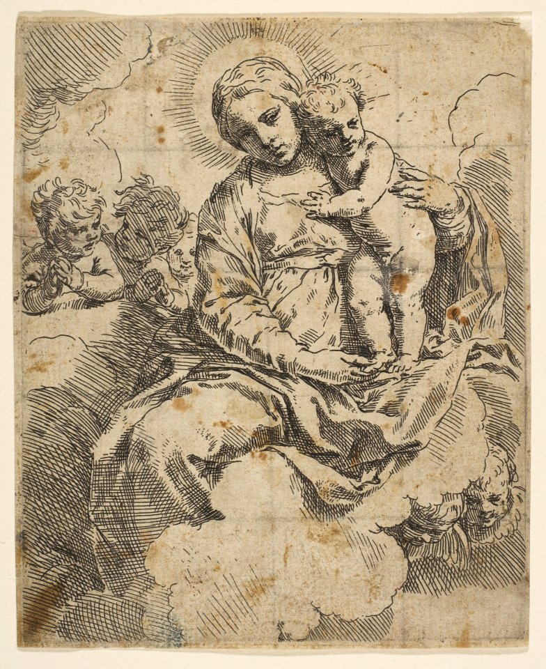 Madonna and Child seated on clouds and surrounded by angels MET DP815220