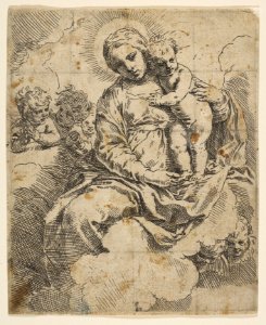 Madonna and Child seated on clouds and surrounded by angels MET DP815220