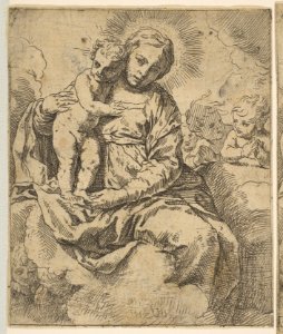 Madonna and Child seated on clouds and surrounded by angels, copy in reverse after Cantarini MET DP815217