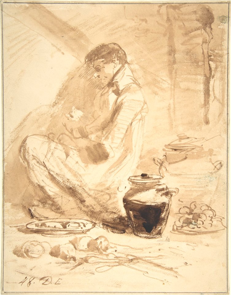 Man Sitting on the Ground with Jars and Food MET DP806074
