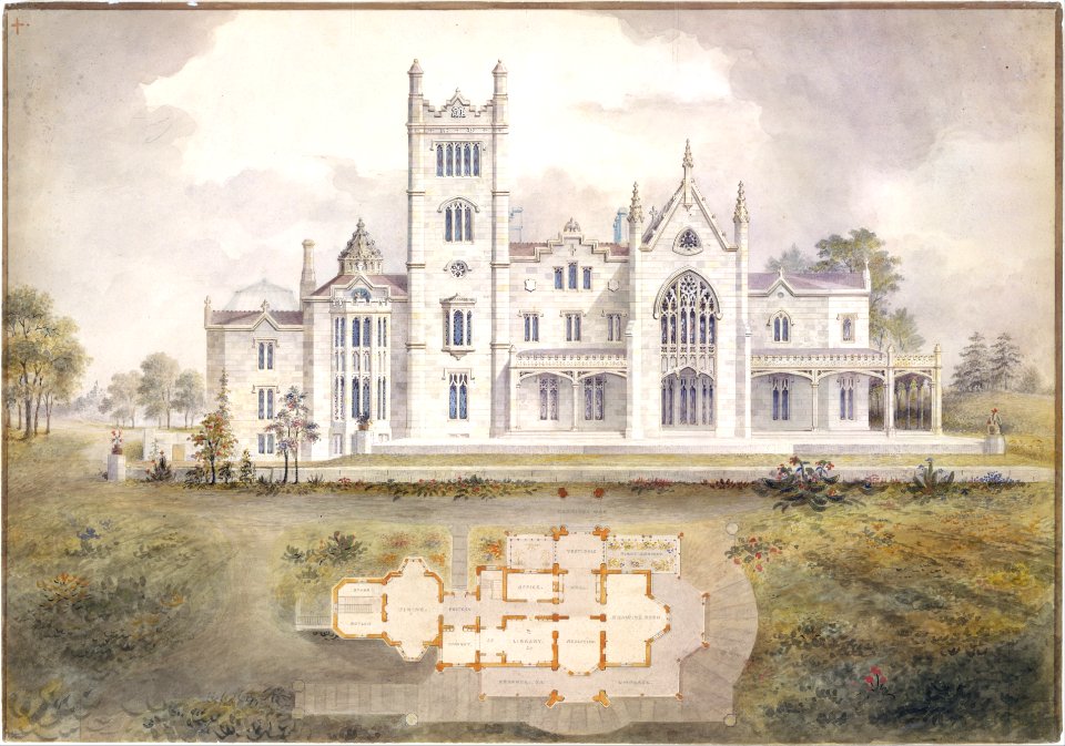 Lyndhurst for George Merritt, Tarrytown, New York (west -rear- elevation and plan) MET DT242621