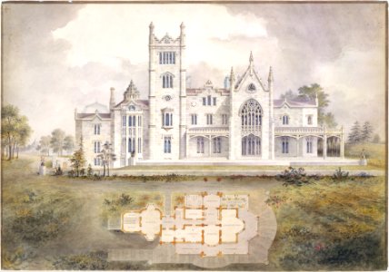 Lyndhurst for George Merritt, Tarrytown, New York (west -rear- elevation and plan) MET DT242621