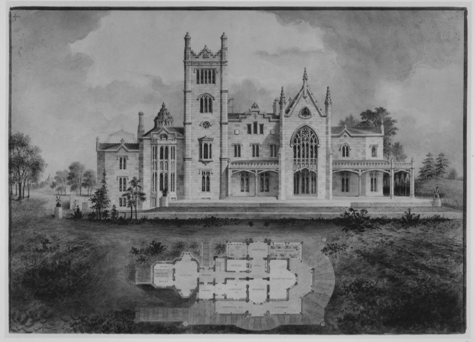 Lyndhurst for George Merritt, Tarrytown, New York (west -rear- elevation and plan) MET MM89611